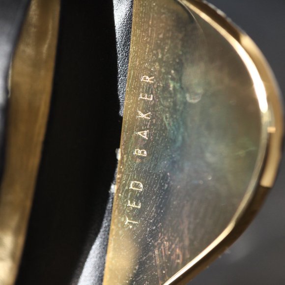 Ted Baker Black Leather T-strap Sandals with Gold Block Heel - Picture 4 of 5